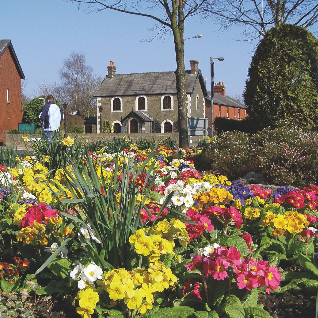 White, yellow, pink and purple flowers in front of an old house.