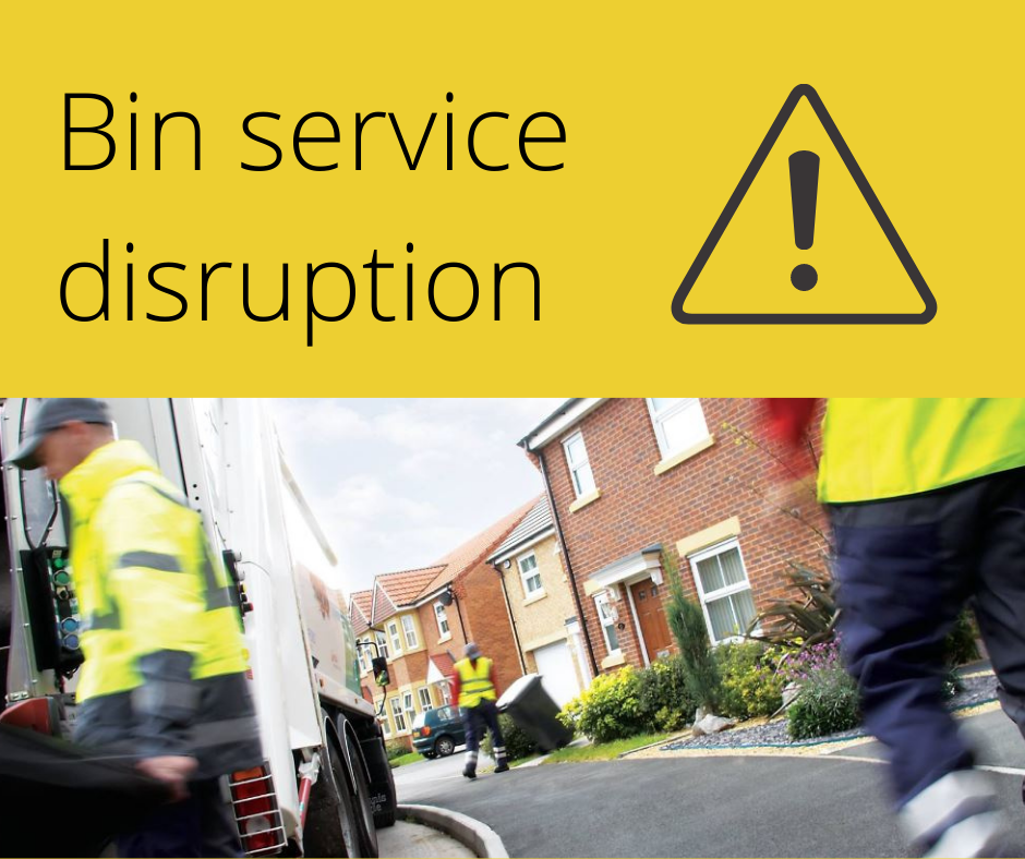 Graphic with bin service disruption words