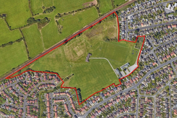 Aerial photo over Poulton Le-Fylde with a red line marking the Cottam Hall Playing Fields.