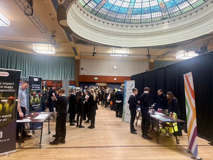 Students attending a careers fair from inside Marine Hall in Fleetwood.