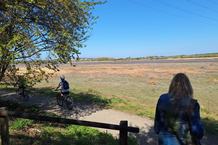 A person on a bench looking at the Wyre Estuary Park signs landscape.