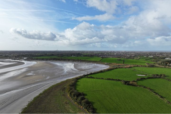 A birdseye view of Wyre Estuary Park taken from a drone showing the bay.