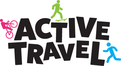 Active travel logo. The words &#039;Active travel&#039; are surrounded by a stick man running, a stick man on a skateboard, and a stick man on a bike.