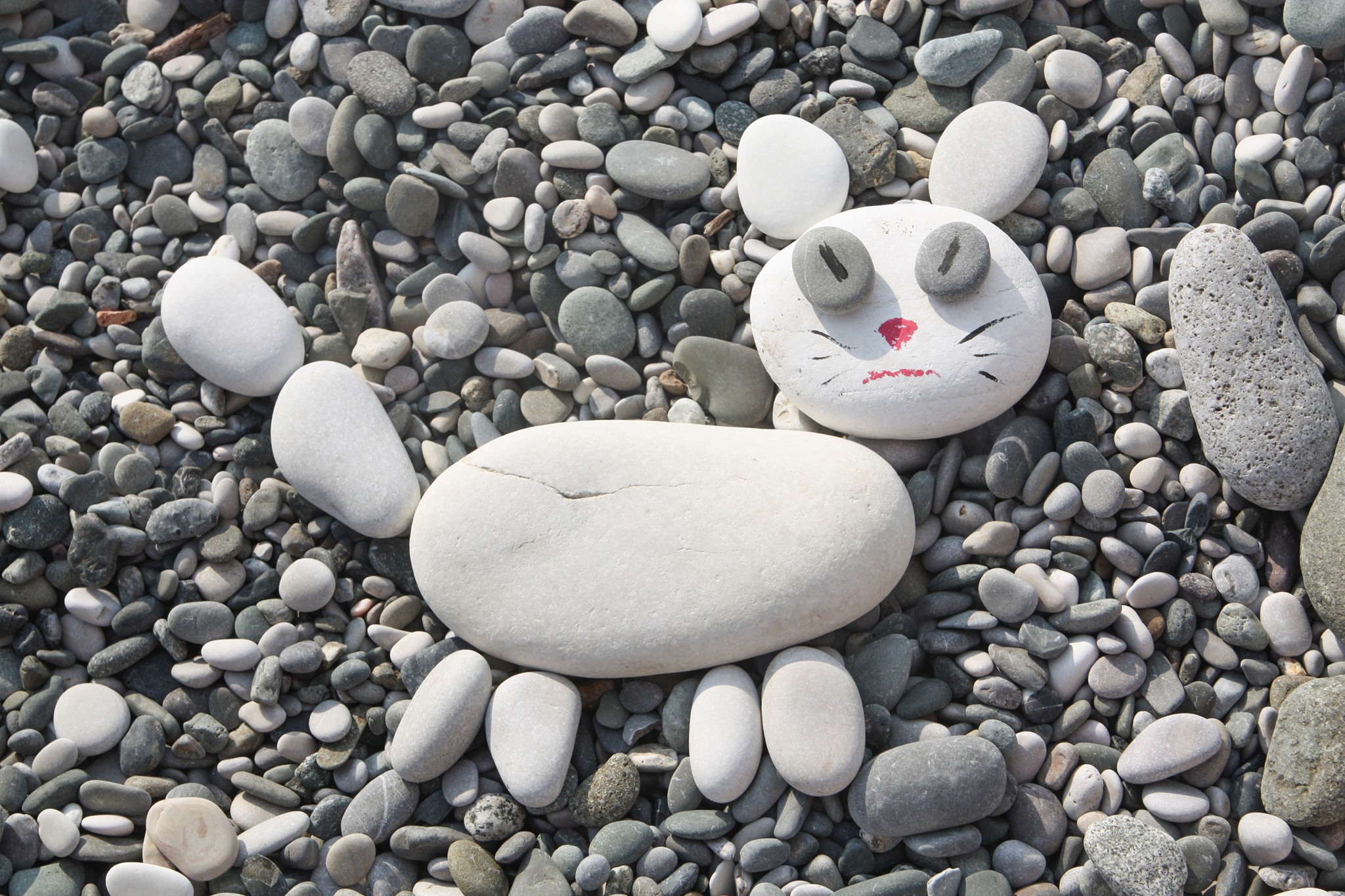 Pebbles on a beach arranged in the shape of an animal