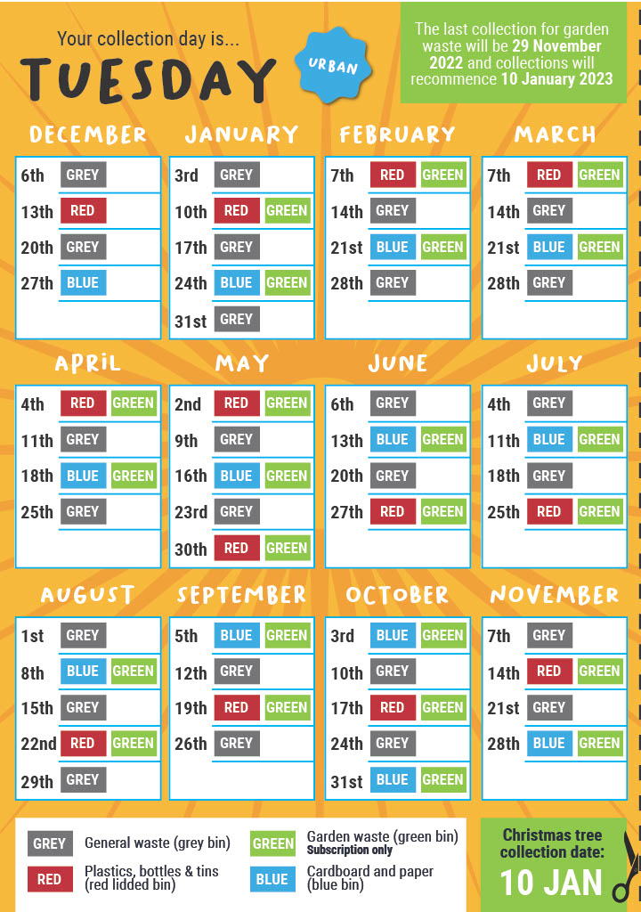 Tuesday urban waste collection calendar for 2022-23.