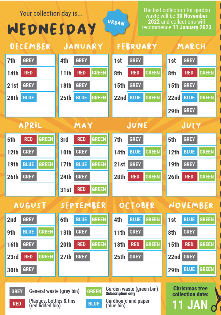 Wednesday urban waste collection calendar for 2022-23.