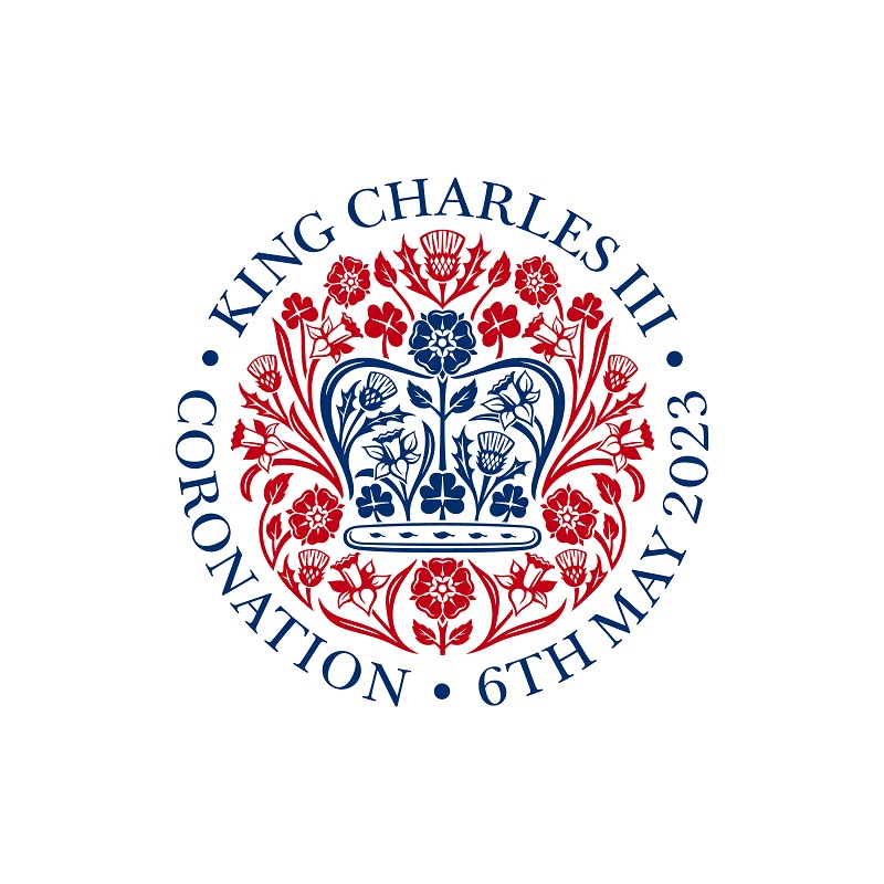 King Charles emblem in blue and red with a white background.