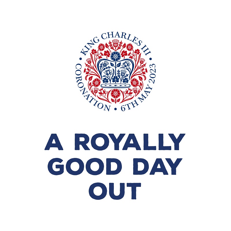 White square with &quot;A Royally Good Day Out&quot; written on it below the King Charles emblem.