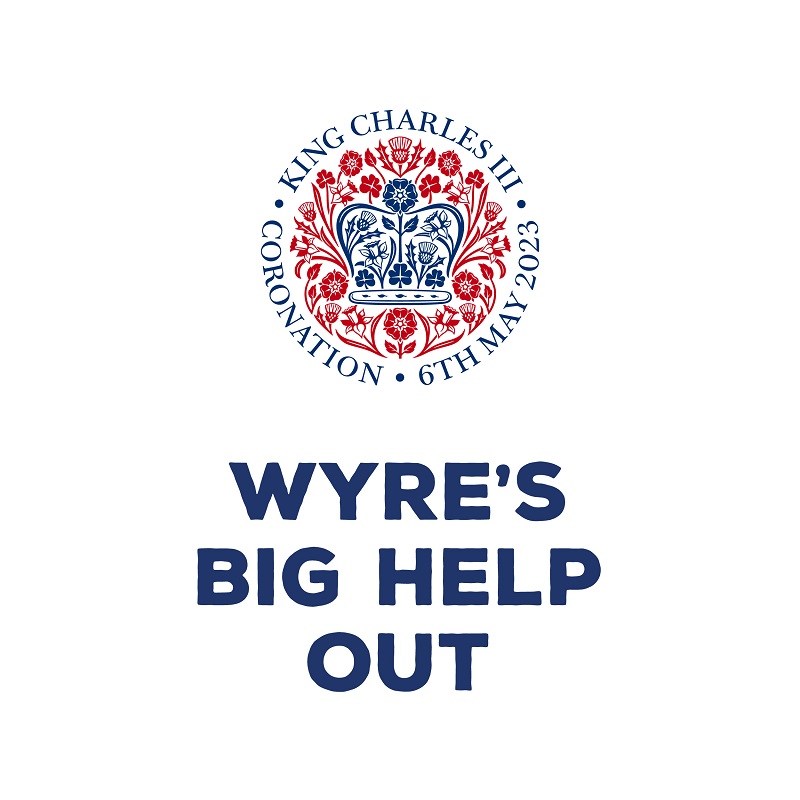 White backgrounds with King Charles emblem and the words &quot;Wyre&#039;s Big Help Out&quot;.