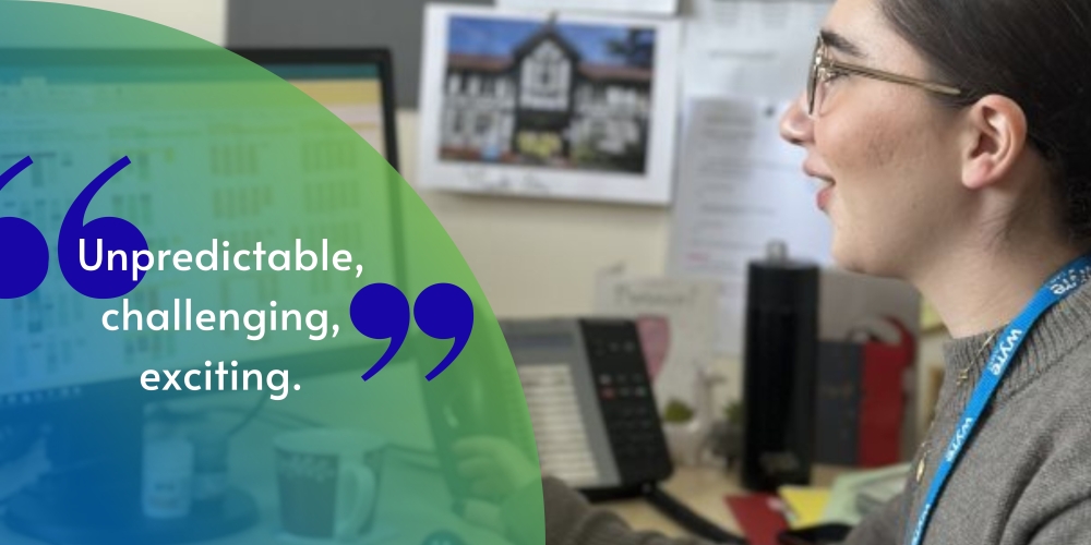 Daphne, Democratic Services Officer at Wyre council is looking at her calendar on her PC at her desk with the quote "Unpredictable, challenging, exciting."