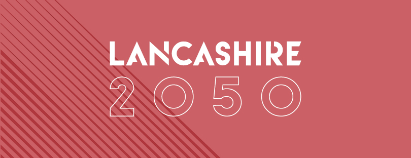 Red background with white text reading Lancashire 2050 over the top.