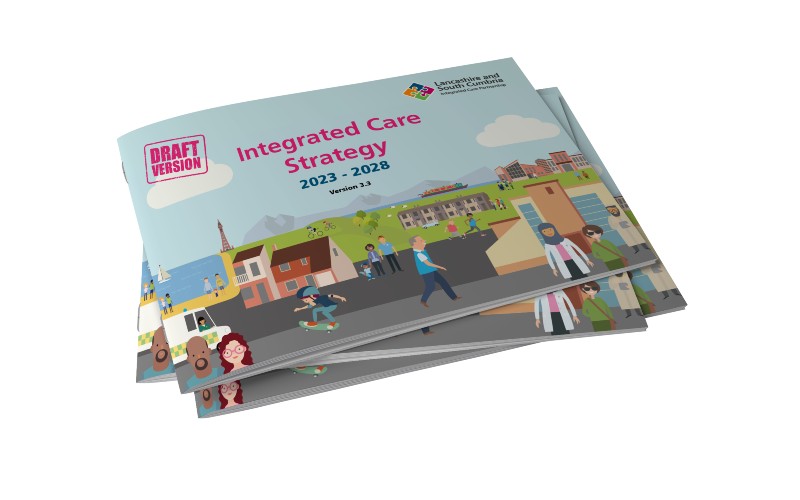 Stack of integrated care strategy booklets against a white background.