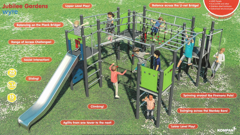 Children on play equipment at jubilee gardens