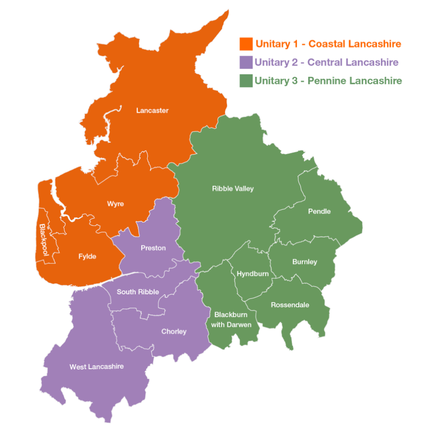 Map showing how Lancashire would be divided into three unitaries.