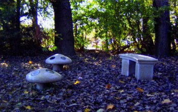 mushroom sculptures in a wood