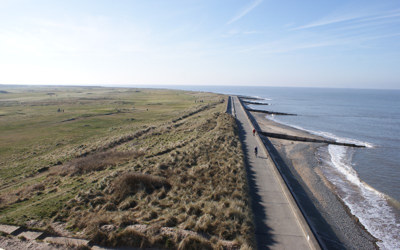 View of coastal path from high point of Rossall Point Tower.