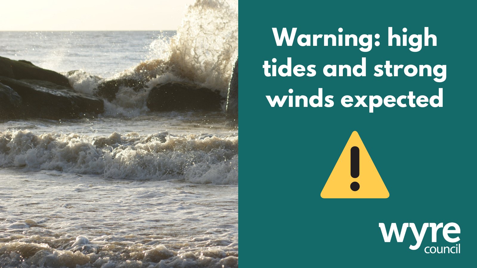 Photo of a high tide and a warning reading high tides and strong winds expected