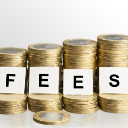 Stacks of pound coins with fees written in letters in front