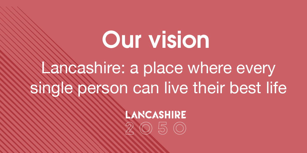 Red background with white text reading Our vision, Lancashire: a place where every single person can live their best life.