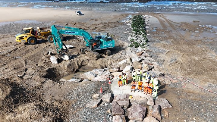 Large rocks being placed at Cleveleys beach.