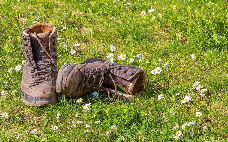 Hiking boots on a patch of grass.