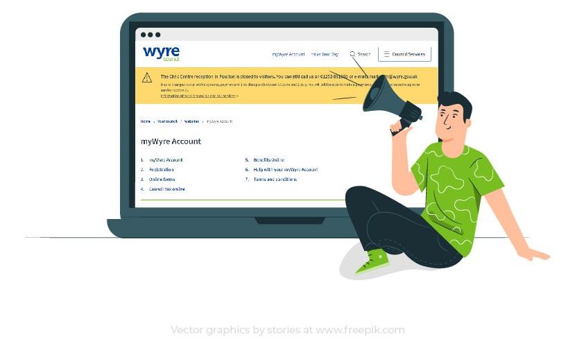 Graphic of a person sat with a laptop, showing the myWyre account page.