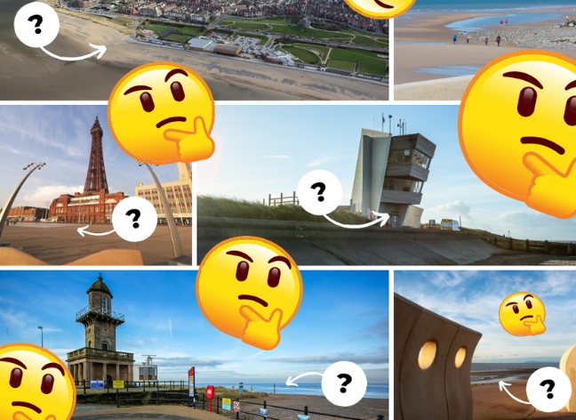 Images of landmarks in Wyre with scattered question marks and the thinking emoji where a face has one eyebrow raised is rubbing their chin