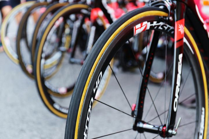 Close up of bike wheels.