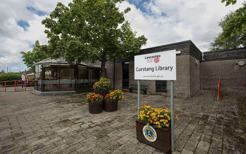Entrance to and signage outside of Garstang Library.